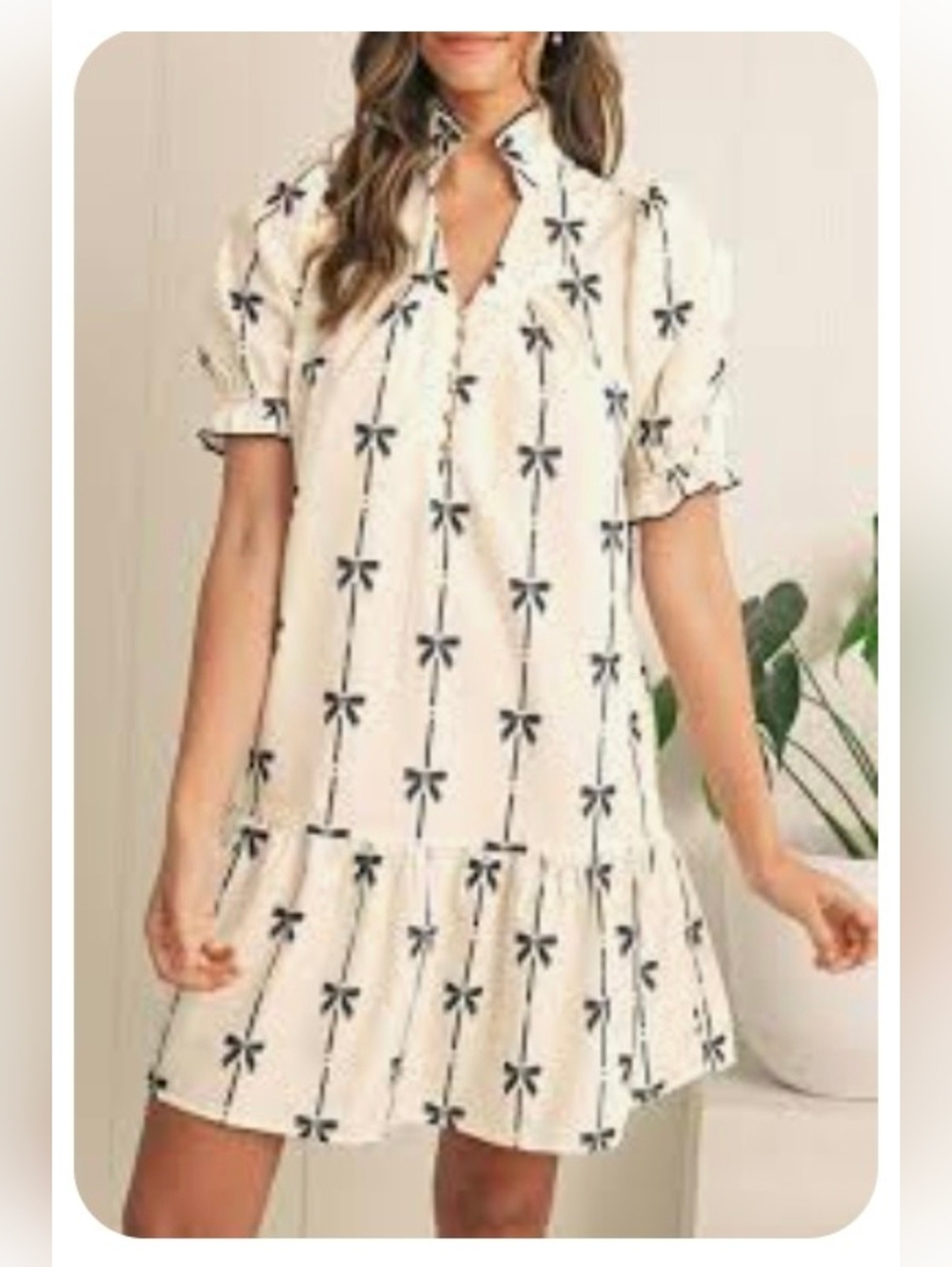Cream Bow-Print Bubble Sleeve Babydoll Midi Dress